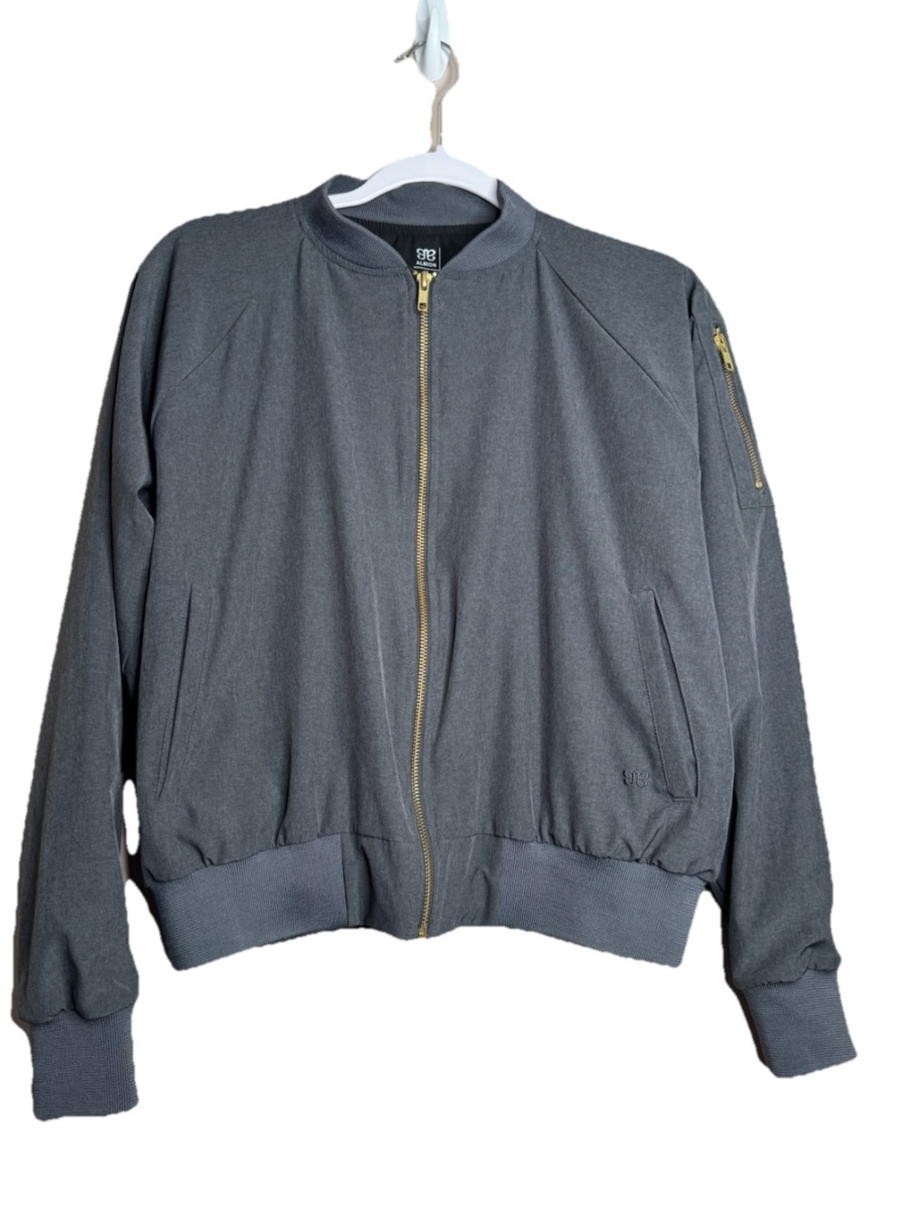 ALBION FIT Bomber Jacket Gray Heather Charcoal w/Gold Zipper Nylon, Size M